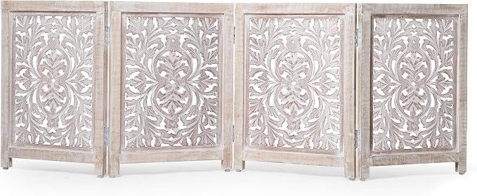 Lightnpro 4-Panel Carved Wooden Dog Gate with Stopper – 72 Inch Extra-Wide Foldable Freestanding Pet Barrier, White Wash Indoor Safety Fence for Small Dogs & Puppies – 24x18 Inch Panels