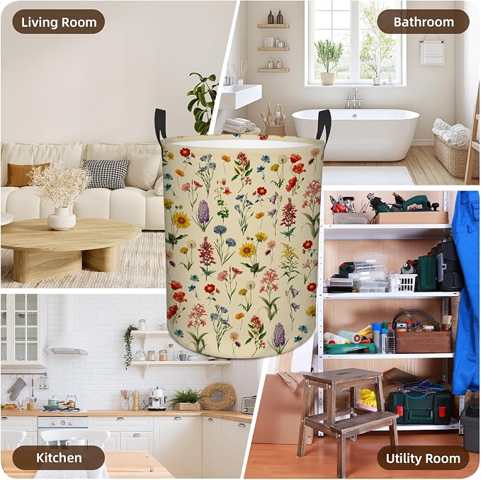 Flower Laundry Hamper, Waterproof Laundry Basket for Bedroom, 43L Round Collapsible Nursery Hamper Storage Bin with Handles for Toys, Storage Basket for Boy Girls, Room Decor, 13.8x17.7 in