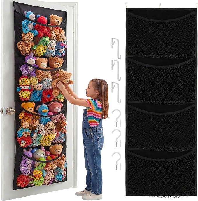 Over The Door Stuffed Animal Storage, Wide, Cotton | Toy Organizer for Storage Plush Toys, Stuffed Animal Holder with 4 Large Pockets, Hanging Door Organizer for Nursery