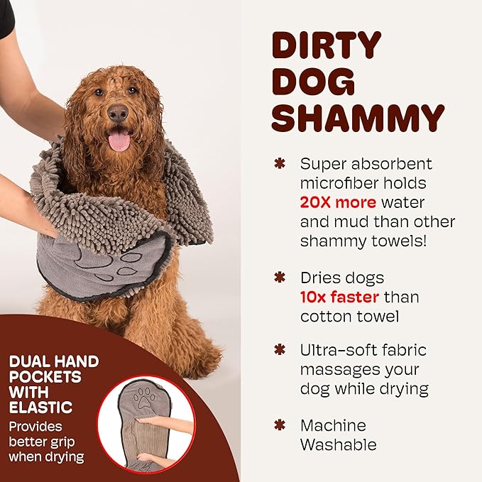 Dog Gone Smart The Dirty Dog Shammy - Fast Drying Plush Shammy Towel with Dual Hand Pockets and Elastic - Super Absorbent Polyamide Microfiber & Machine Washable - Grey, X-Large