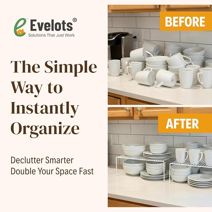 Evelots Wire Shelf Organizer Set, Metal Cabinet Shelf Risers, 4-Pack, White | 4-Pack rustproof metal wire shelf organizers create extra storage space in kitchen cabinets, pantries, freezers and bathrooms