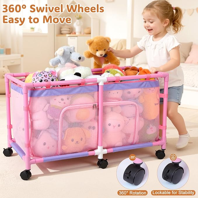 FIOBEE Toy Box for Girls Boys with See-Through Mesh & 360° Rotating Wheels | Kids Toy Chest Organizer, Stable Structure & Easy Install, Extra Large Storage Bin for Clothes, Ball, Pet Toys, Swimming Ring