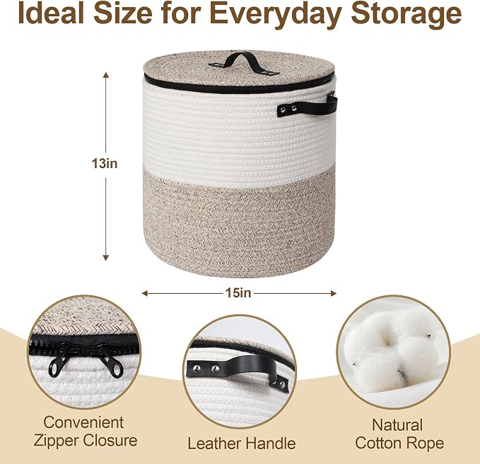 Storage Basket with Lid, 15"x13" Round Woven Blanket Storage for Living Room, Decorative Cotton Rope Hamper with Zipper Top, Wicker Basket with Lid, Floor Covered Kids Dog Toy Bin