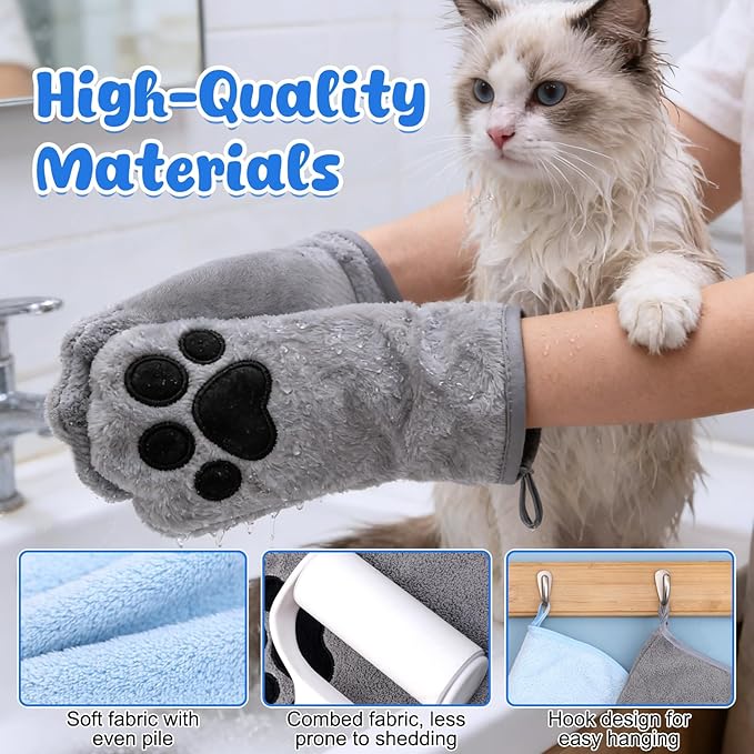 Paw Bathing Towel for Cats Puppy, Reusable Absorbent Quick-Dry Pet Grooming Towel, Soft Bath Mitt for Dirt Odor Removal, Daily Care and Travel, for Dogs & Cats (Blue)