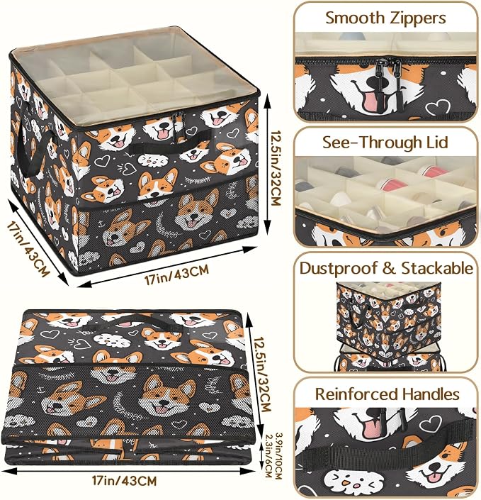 TropicalLife Corgi Puppy Dogs Shoe Organizer for Closet | Foldable Shoe Storage Box Bin 16-32 Pair Shoe Storage for Sneakers, Boots & Heels with Adjustable Dividers, Clear Cover