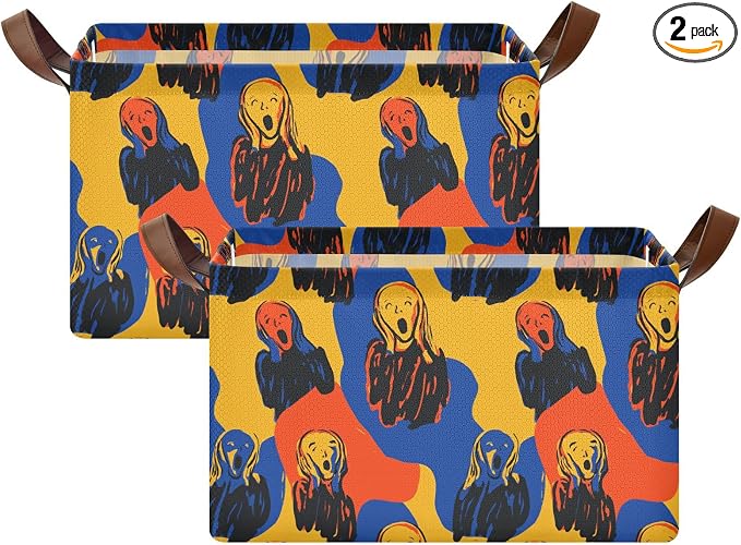 Oil Painting Art The Scream Storage Basket Foldable Cube Storage Bins with Handles&Label Waterproof Collapsible Organizer Box Bin Large Rectangle Decorative Baskets for Shelves Home Room Laundry-2 PC