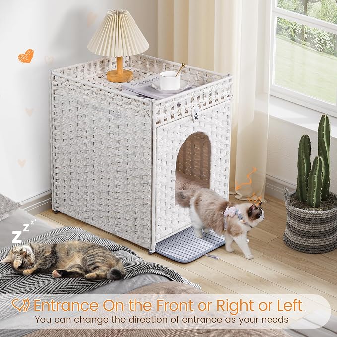 Snughome Cat Litter Box Enclosure Furniture Hidden with Litter Mat, Hidden Washroom Furniture with Door, Handwoven Rattan Cat Washroom Box, Indoor Pet House for Living Room, Bedroom(White)