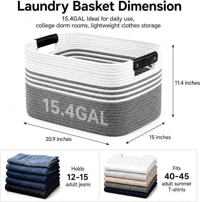 15.4GAL Woven Laundry Basket for Kids, Cute Boho Square storage basket for Living Room Decor, Baby Girls Boys Toys Stuffed Animal Decorative Short Hamper for Dirty Clothes, Bath Towel,Shoes Mix Black