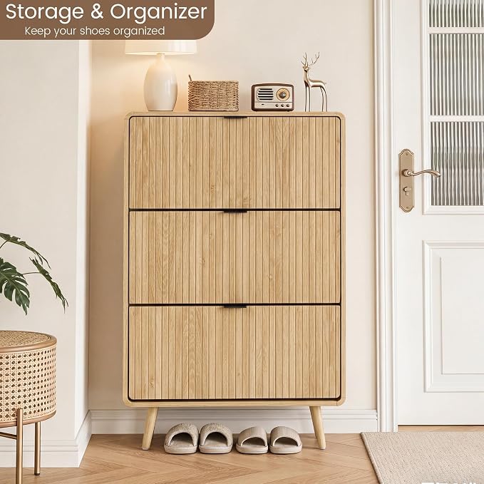 FurSch Fluted Shoe Storage Cabinet with 3 Flip Drawers, Narrow Shoe Rack Cabinet Organizer with Adjustable & Removable Shelves for Entryway (All Natural, 3 Drawers)