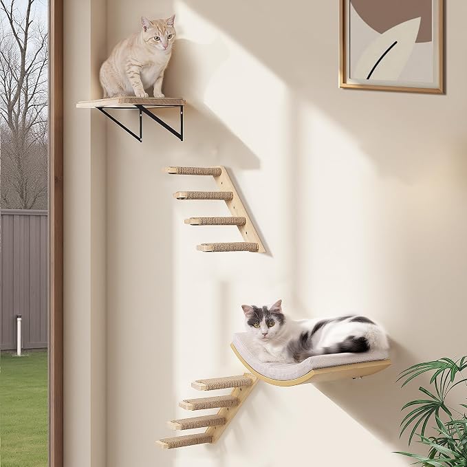 2PCS Cat Wall Shelves with Scratching Mat, 16.6x9.7 Inch Solid Pine Wood Wall Mounted Kitten Floating Shelf, Window Perch Hammock, Cats Wall Furniture for Cats Sleeping, Playing, Climbing