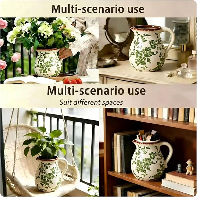 Farmhouse Ceramic Utensil Holder,6.1"Kitchen Counter Utensil Holder | Ceramic Utensil Organizer with Handle for Kitchen Countertop, Vintage Rustic Crock for Home Decor, Flower Pot, Spoon Tools