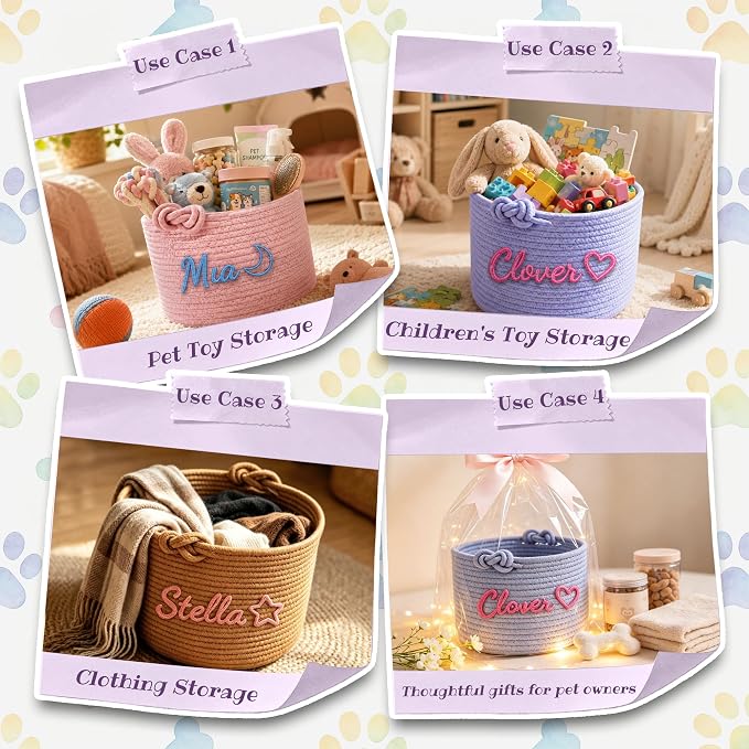 LAPE Personalized Dog Cat Toy Basket, Custom Pet Storage Bin with Name | Handwoven Cotton Rope Pet Basket, Dog Cat Toy Organizer, Treats Blankets Supplies, Gift for Pet Lovers
