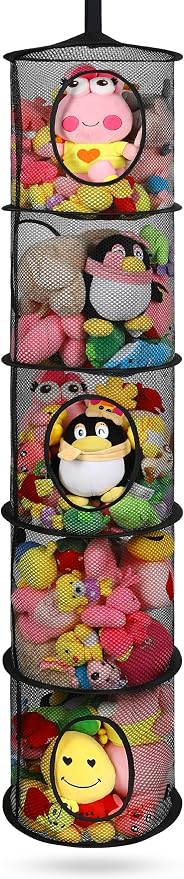 Hanging Stuffed Animal Storage Hammock Net 5 Tiers, Black | Hanging Mesh Storage Organizer for Kids Room, Holds Plushies, Gloves, Hats, Socks, Foldable Space-saving Design