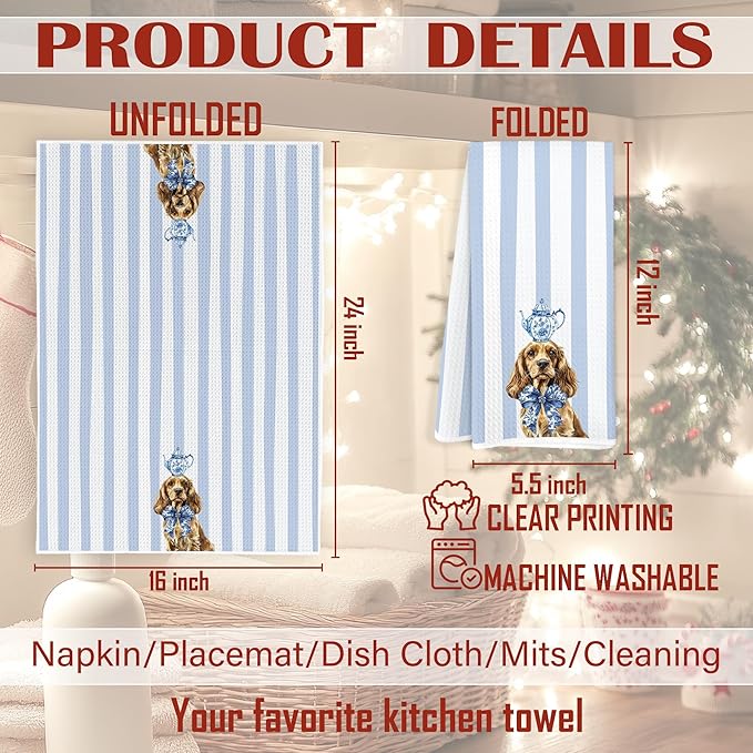 Blue and White Chinoiserie Cocker Spaniel Kitchen Towels, Cocker Spaniel Gifts Dish Tea Towels, Coquette Bow Cute Dog Striped Decorative Hand Towel for Bathroom, 16x24 Inch