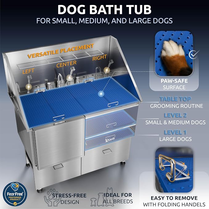 Professional Dog Washing Station 304 Stainless Steel Pet Wash Sink | Grooming Bathtub w/Shower, Floor Grates and Storage for Large, Medium & Small Pets