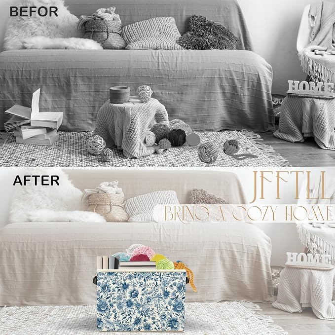 Chinoiserie Blue Floral Storage Bins with Handles, Retro Blue and White Wildflower Botanical Collapsible Laundry Basket Storage Box for Home Bedroom Bathroom Clothes Toys Books