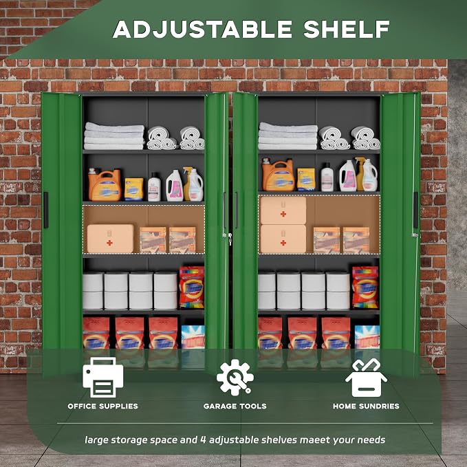 Greenvelly Metal Storage Cabinet, 72" Locking Metal Garage Storage Cabinet with Doors and 4 Adjustable Shelves, Lockable Steel Cabinet for Home Office, Garage, Shop, School (Green 32" W x 16" D)