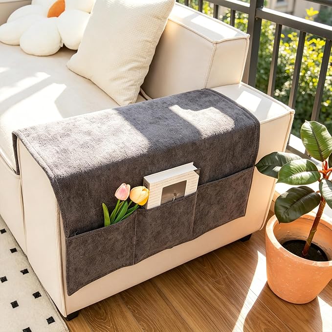 Sofa Armrest Cover with Pockets Set of 2 Solid Color Furniture Protector Slip Chenille Non Slip Recliner Organizer Remote Holder Caddy Accessories for Living Room Bedroom Kitchen 24*43.3 Inch Gray