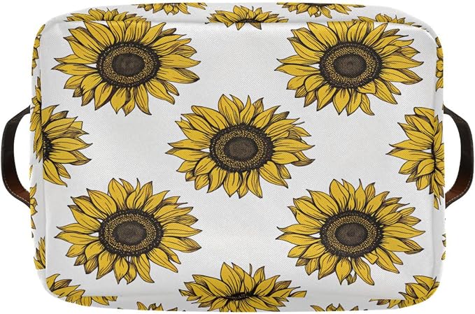 Foldable Storage Baskets Set of 2, Meadow Sunflower Storage Bins with Handles, Decorative Cloth Organizer Storage Boxes for Home|Office 15 x 11 x 9.5 in