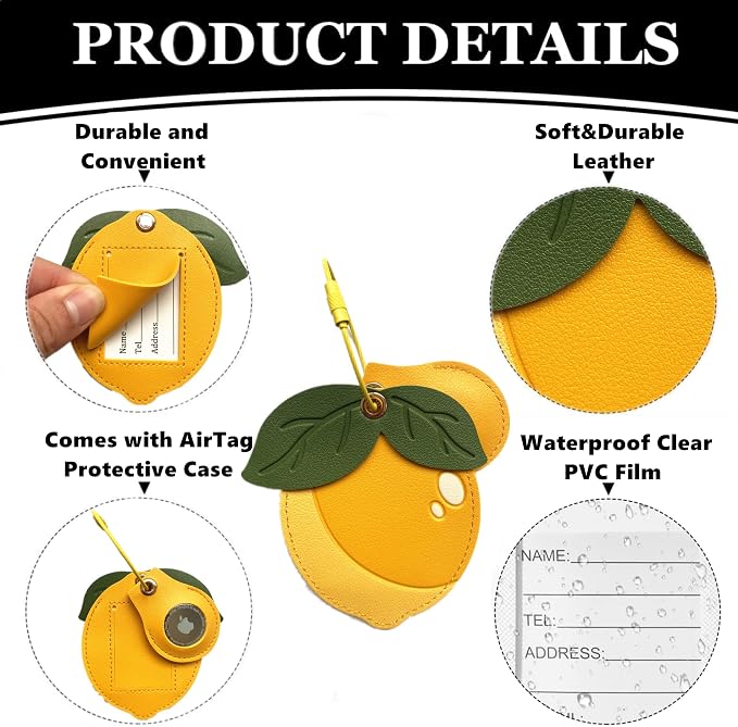 PU Leather Luggage Tag with Airtag Holder Case Set and Name ID Label | Hidden Compartment for AirTag Travel Suitcase Tracking Case with Stainless Steel Loop,Cute Fruit Plant Animals Styles,Lemon