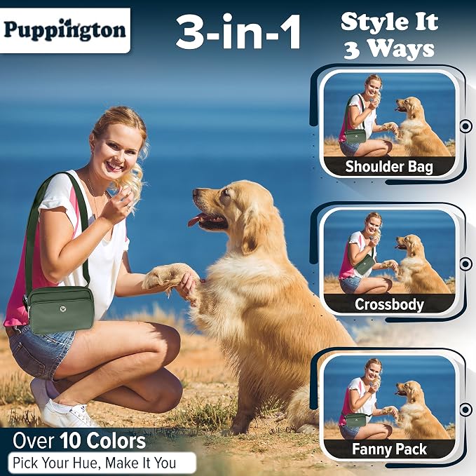 Puppington 3-in-1 Crossbody Dog Treat Pouch for Pet Training - Compostable Poop Bags, Built-In Poop Bag Dispenser, Slow-Feeding Travel Dog Bowl & Reflective Leash - Dog Walking Bag (Basil Green)