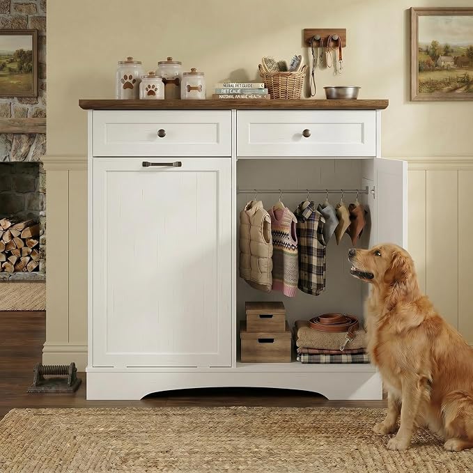 Furnaza Pet Feeding Station with 4 Bowls, Dual Doors Dog Cabinet Storage | White 39.7"W Dual Doors Pet feeding station with storage for dogs and cats, Pet Food Storage for Kitchen, Living Room