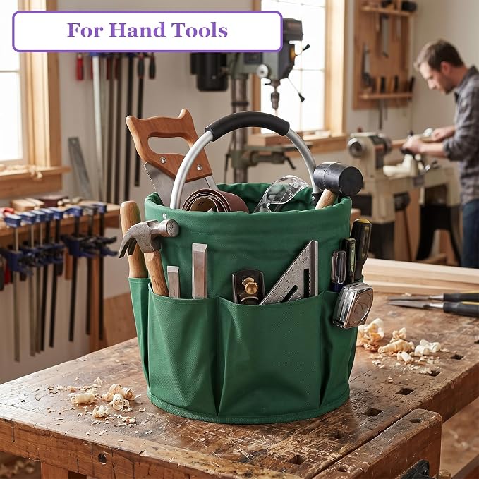 17L Cleaning Caddy with Handle, 600D Oxford Cleaning Supply Caddy with 6 Pockets, Foldable Tool Bucket Organizer for Housekeeping, Gardening, Car Detailing, Traveling, Camping, Green