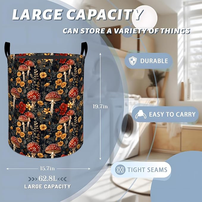 Whimsical Mushroom Laundry Basket with Handles, 19.7"x15.7" Clothes Foldable Red and Yellow Floral Laundry Hamper Organizer for Dorm Nursery Bedroom Bathroom Decor, Toy Storage Bin for Kids