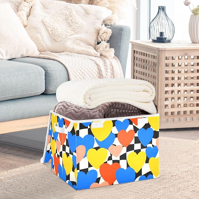 Heart Check Fabric Storage Bins with Lids Closet Bedroom 40L Storage Basket | Decorative Storage Boxes, Foldable & Stackable, Dust-Proof Flip Top, Reinforced Handles, For Home & Dorm, Clothes & Toy Box