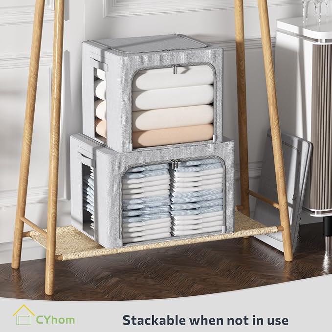 CYhom 3Pack Foldable Storage Bins - Frame Storage Box Linen Fabric Stackable Clothes Container Organizer with Clear Window & Carry Handles Large Capacity (Extra Large-100L, Light Grey)