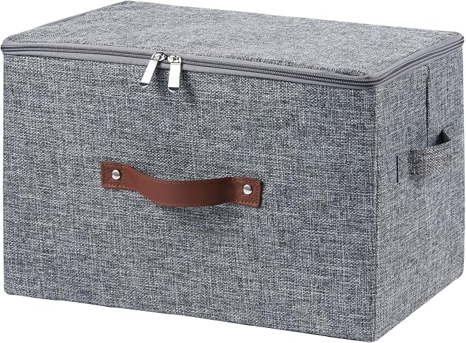 Storage Bins with Zipper Lids Decorative Lidded Baskets Boxes | Clothes Container, Closet Shelf Organizer, Foldable Washable, Cotton Linen Fabric, w/ PU Leather Handles, Gray, Large