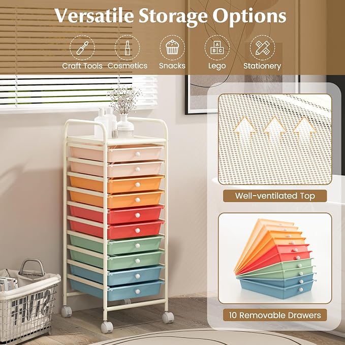 10 Drawer Rolling Storage Cart, Organization Cart with Drawers for Craft Makeup Paper Tool Art Supply, Versatile Utility Cart on Wheels for Home Office Classroom School (Macaron Multicolor)