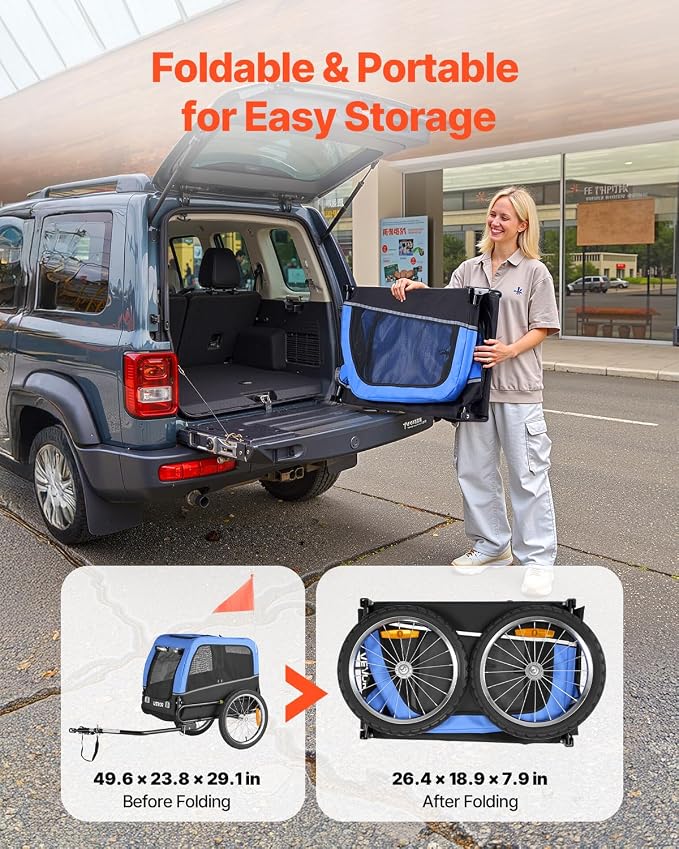 VEVOR Dog Bike Trailer, Supports up to 66 lbs, Pet Cart Bicycle Carrier for Small & Medium Dogs, Easy Folding Frame with Quick Release Wheel, Universal Bicycle Coupler, Reflector, Flag, Internal Leash