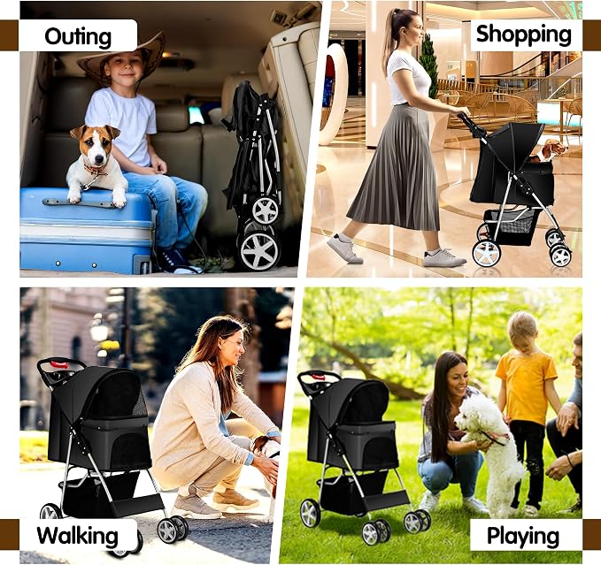 Foldable Pet Stroller 4 Wheels for Small Medium Dogs Cats,Black | Small/medium dogs,cats. Breathable Storage& cup holder.Lightweight,portable,all-season for smooth strolls