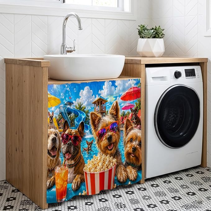 Summer Dog Cabinet Dishwasher Hidden Curtains, Privacy Closet Door Curtain, Summer Fantasy Pets Juice Popcorn Pool Country Adhesive Dust Proof Under Sink Skirt for Bathroom Kitchen 35"x35"
