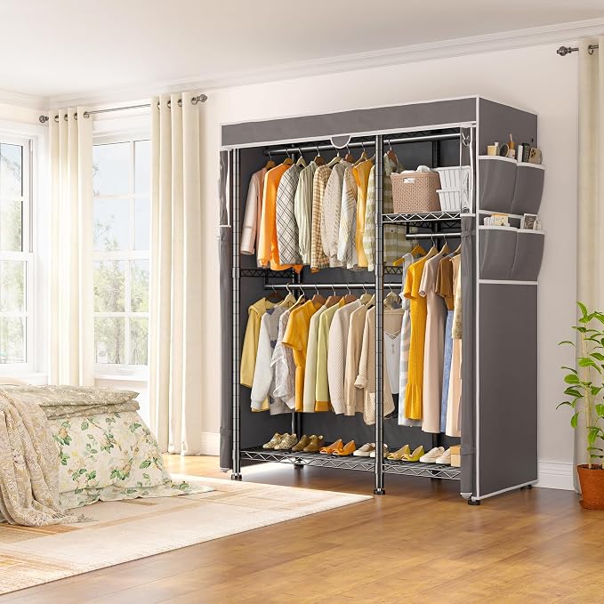 Raybee Clothes Rack with Cover, Rolling Portable Closet, 4 Hanging Zones | Heavy Duty, Tool-free Assembly, Adjustable Shelves, Lockable Wheels, Freestanding, Covered, Saving Space for Bedroom,Dorm