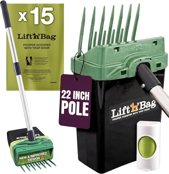Neater Pet Brands Lift N’ Bag 2.0 Dog Pooper Scooper with Bag Attachment & 22" Pole for Small to Large Dogs, New & Improved Design, 15 Refill Bags, Heavy Duty Dog Poop Scooper for Yard, One-Hand Use