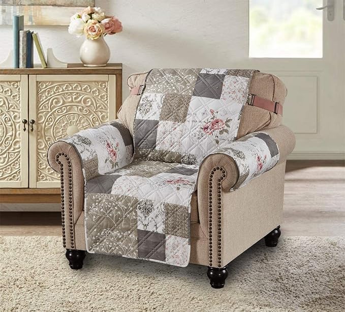 Brilliant Sunshine Pink Rose & Grey Toile Couch Armchair Cover, 23" seat | Quilted Sofa Cover, Living Room & Bedroom Furniture Protector, Washable Chair Slipcover for Pets, Dogs & Cats