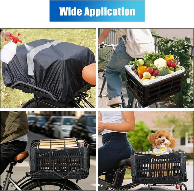 YEEGO DIRECT Bike Basket Rear,Foldable Bike Cargo Basket, Plastic Collapsible Basket for Bicycle, Rear Bike Baskets Storage Bike Milk Crate Rear Rack,Waterproof Cover for Outings,Pets E-Bike