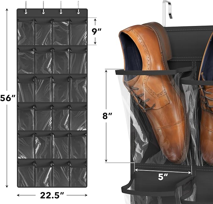 Simple Houseware 24 Pockets Large Clear Over Door Shoe Organizer, Dark Gray | 56" x 22.5", 4 Durable Metal Hooks, 5" x 9" Pocket Size, Multipurpose