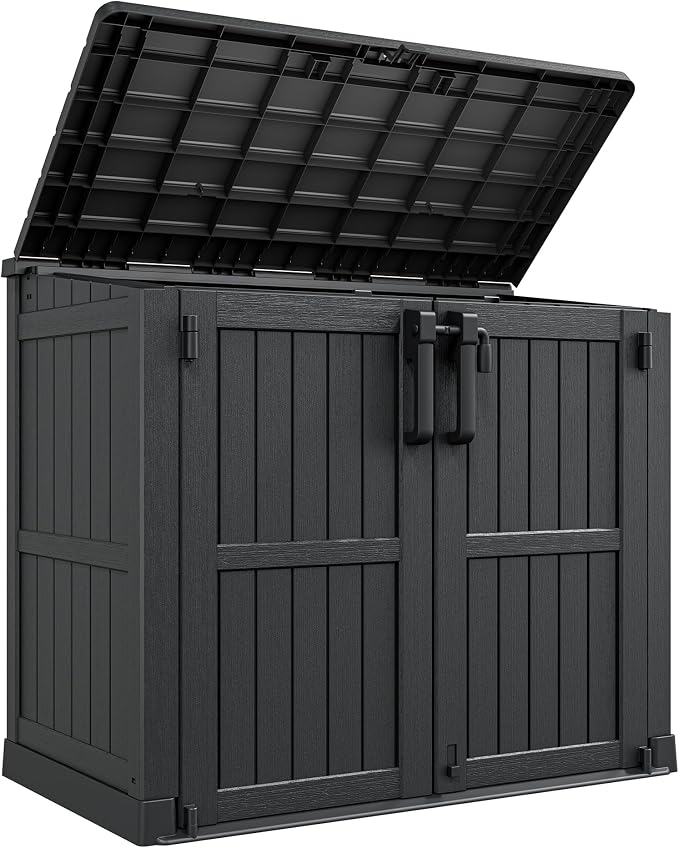 LHBcraft Waterproof Outdoor Storage Box 36 Cu Ft with Lockable Doors, Portable Horizontal Resin Storage Shed, Outdoor Storage Cabinet for Backyards