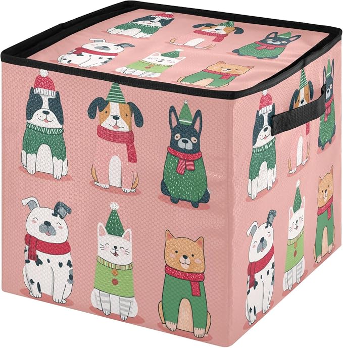 OTVEE Christmas Ornament Storage Box Holiday Decoration Organizer Stores upto 64 Holiday Ornaments Adjustable Dividers Tear-Proof Fabric Christmas Pet Print
