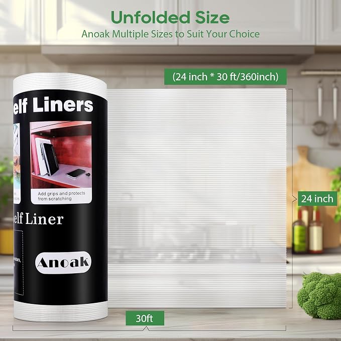 Anoak Shelf Liner - Non-Slip Cabinet Liner, 24 Inch x 30 FT(360 Inch) Durable Waterproof Washable Oil-Proof for Kitchen Cabinet, Shelves, Refrigerator, Storage, Desks, Non Adhesive