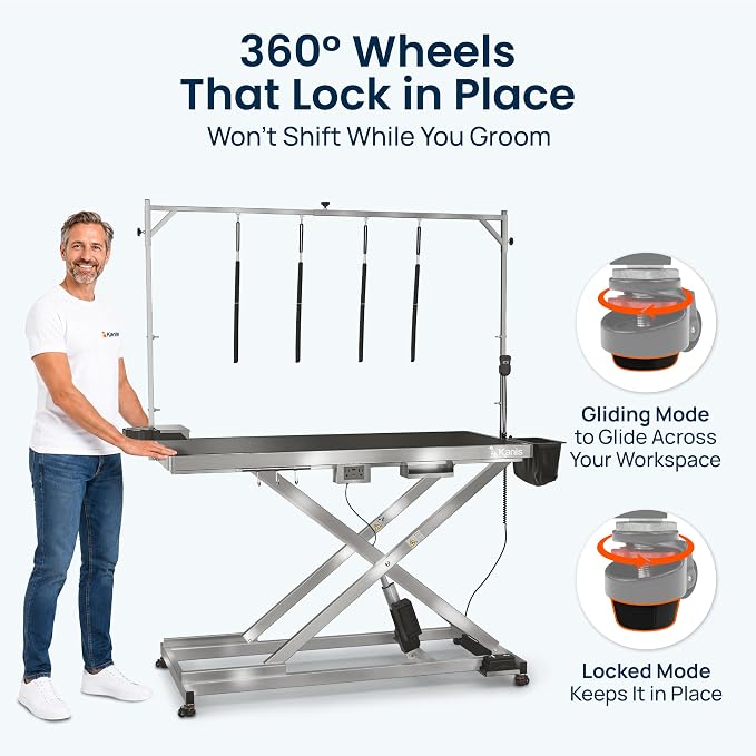 60" Professional Electric Dog Grooming Table, 304 Steel, Heavy Duty | Adjustable Table for Pet Grooming, 10-40in Quiet Lift, Grooming Arm, AC/USB Power Hub, Anti-Slip Surface, Leveling Wheels