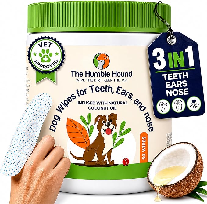 3-in-1 Dog Dental Wipes – Finger Wipes for Teeth, Ears & Snout Infused with Coconut Oil | Promotes Fresh Breath, Tartar Control & Daily Hygiene | Gentle Grooming Wipes for All Dogs – 50 Count