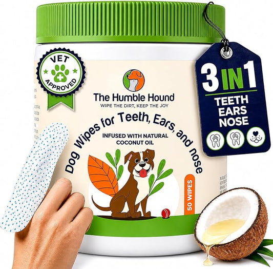 3-in-1 Dog Dental Wipes – Finger Wipes for Teeth, Ears & Snout Infused with Coconut Oil | Promotes Fresh Breath, Tartar Control & Daily Hygiene | Gentle Grooming Wipes for All Dogs – 50 Count