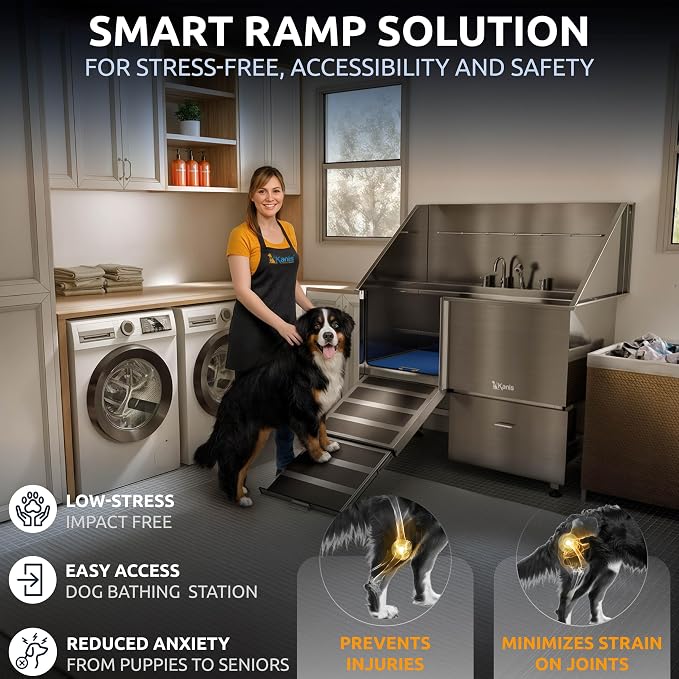Professional Dog Washing Station 304 Stainless Steel Pet Wash Sink | Grooming Bathtub w/Shower, Floor Grates and Storage for Large, Medium & Small Pets (Silver, 50 Inches, Left Ramp, 1 Drawer)