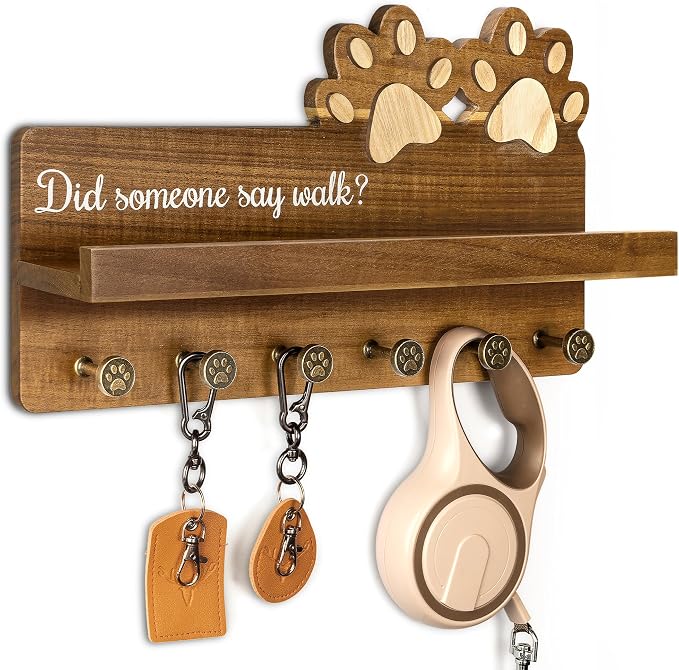 MTERSN Acacia Wood Dog Leash Holder for Wall with Shelf & 6 Hooks, Brown | 3D Doy Paw Six Hooks, Dog Leash Holder for Keys & Sunglasses, Wall Organizer for Entryway, Cute Home Accent for Wall Decor