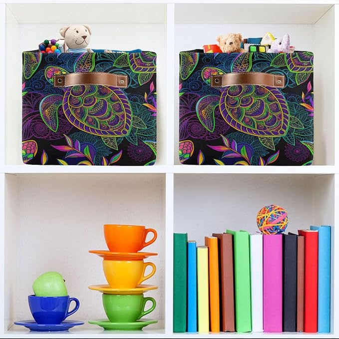 Large Storage Basket Bin Mandala Sea Turtle Storage Cube Box Foldable Canvas Fabric Collapsible Organizer with Handles for Home Office Closet