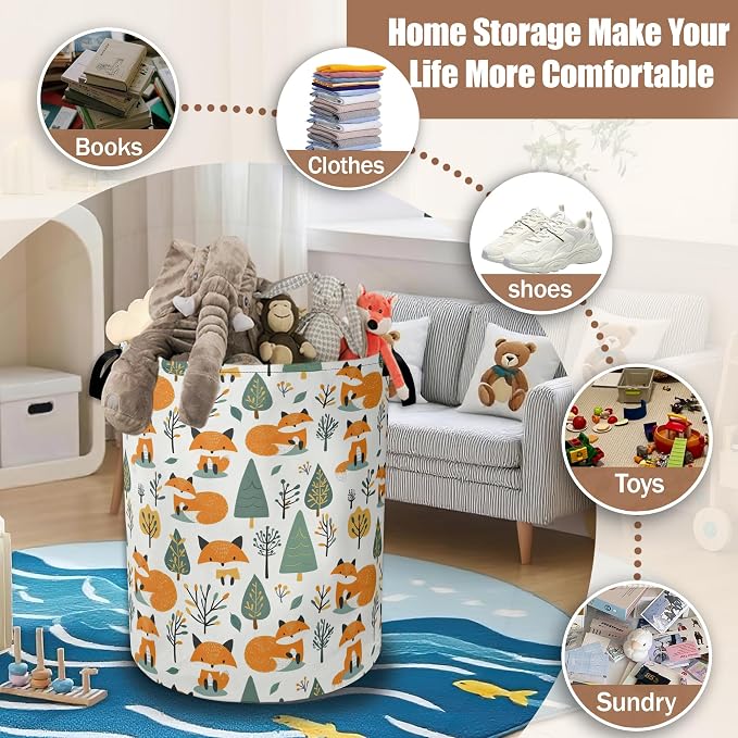 Laundry Basket Cute Fox Collapsible Laundry Baskets Waterproof Oxford Cloth With Handles,Forest Animal Laundry Hamper Clothes Storage Bucket Toy Organizer for Bathroom/Nursery/Bedroom 16" x 20.8"